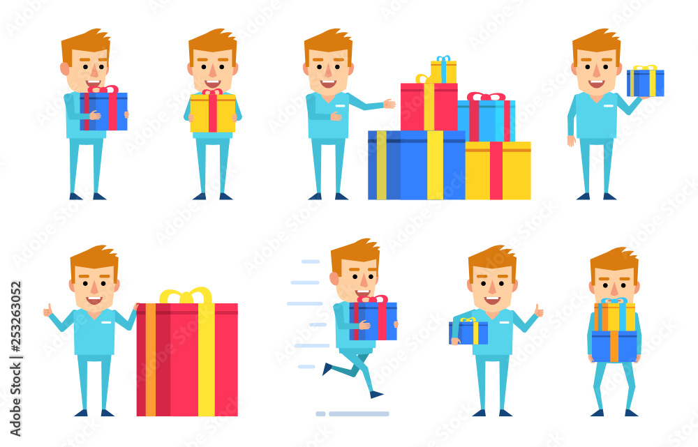 Set of doctor characters posing with various gift boxes. Cheerful doctor holding gift box, running and showing other actions. Flat design vector illustration Set of doctor characters posing with various gift boxes. Cheerful doctor holding gift box, running and showing other actions. Flat design vector illustration