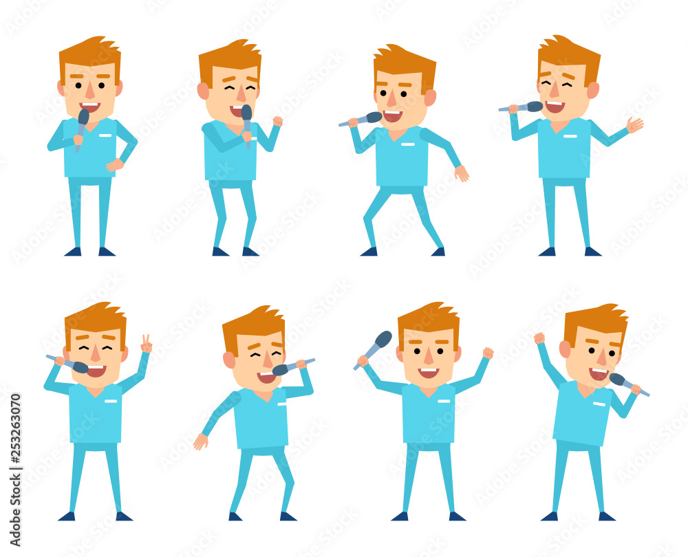 Set of doctor characters posing with microphone in various situations. Cheerful doctor singing. Flat design vector illustration