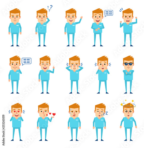 Set of doctor characters showing various emotions. Cheerful doctor laughing, sleeping, tired, surprised, in love and showing other emotions. Flat design vector illustration