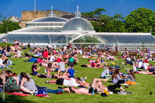 Fototapeta Naklejka Na Ścianę i Meble -  Overcrowded park of relaxing people. Glasgow botanic gardens at summer
