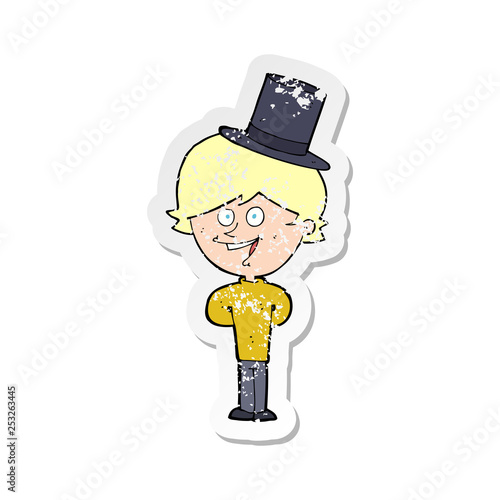 retro distressed sticker of a cartoon man wearing top hat