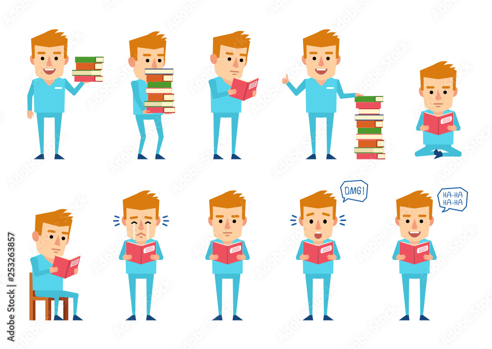 Set of doctor characters posing with book in various situations. Cheerful doctor reading a book, sitting, crying, laughing and showing other actions. Flat design vector illustration Set of doctor characters posing with book in various situations. Cheerful doctor reading a book, sitting, crying, laughing and showing other actions. Flat design vector illustration