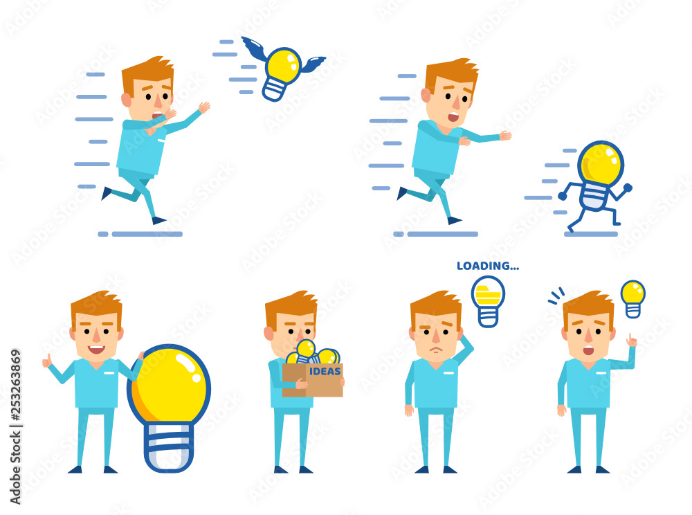 Set of doctor characters posing with idea light bulb in various situations. Cheerful doctor chasing idea, running, thinking and showing other actions. Flat design vector illustration
