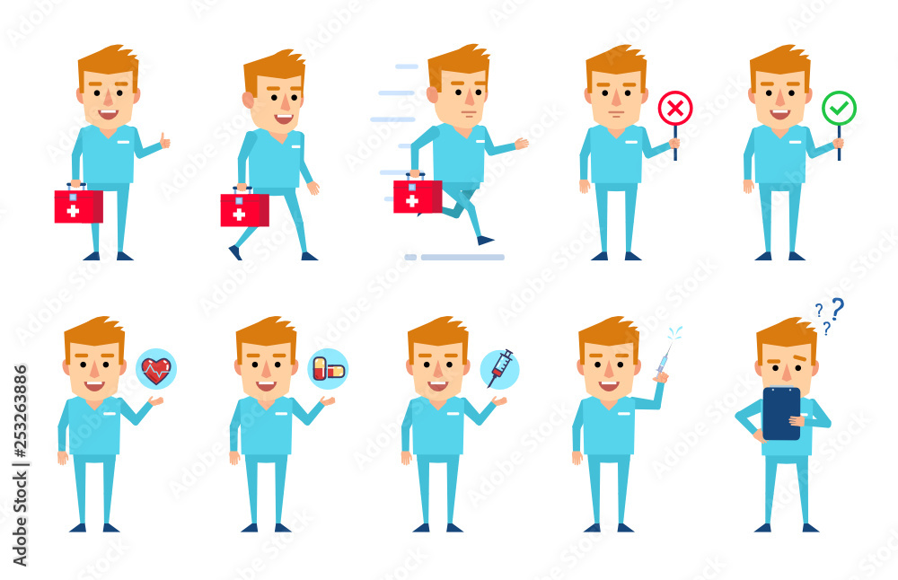 Set of doctor characters showing diverse actions. Cheerful doctor holding medical bag, running, walking and showing other actions. Flat design vector illustration Set of doctor characters showing diverse actions. Cheerful doctor holding medical bag, running, walking and showing other actions. Flat design vector illustration