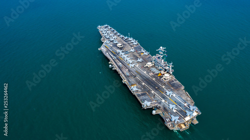 Photos Navy Nuclear Aircraft carrier, Military navy ship carrier full loading fighter jet aircraft, Aerial view