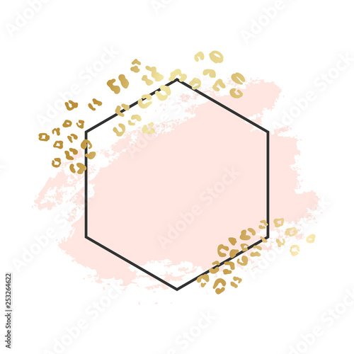 Abstract geometric vector background, brush illustration. Pink ink brush stroke with rich golden exotic leopard animal skin texture