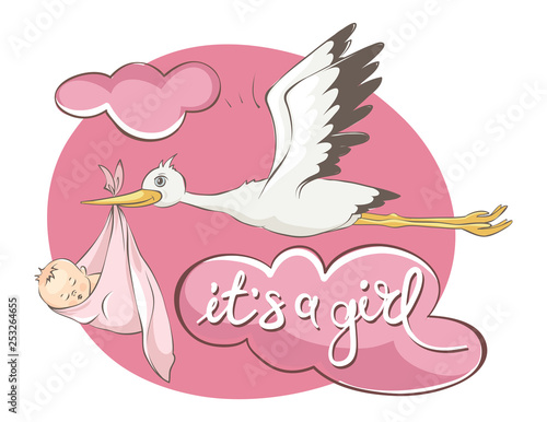 It's a girl -- card. Vector illustration, Stork bears baby.	