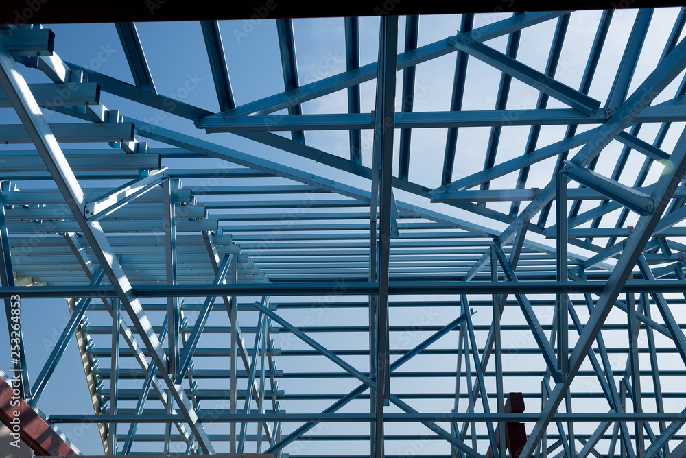 Structure of steel roof frame for building construction.