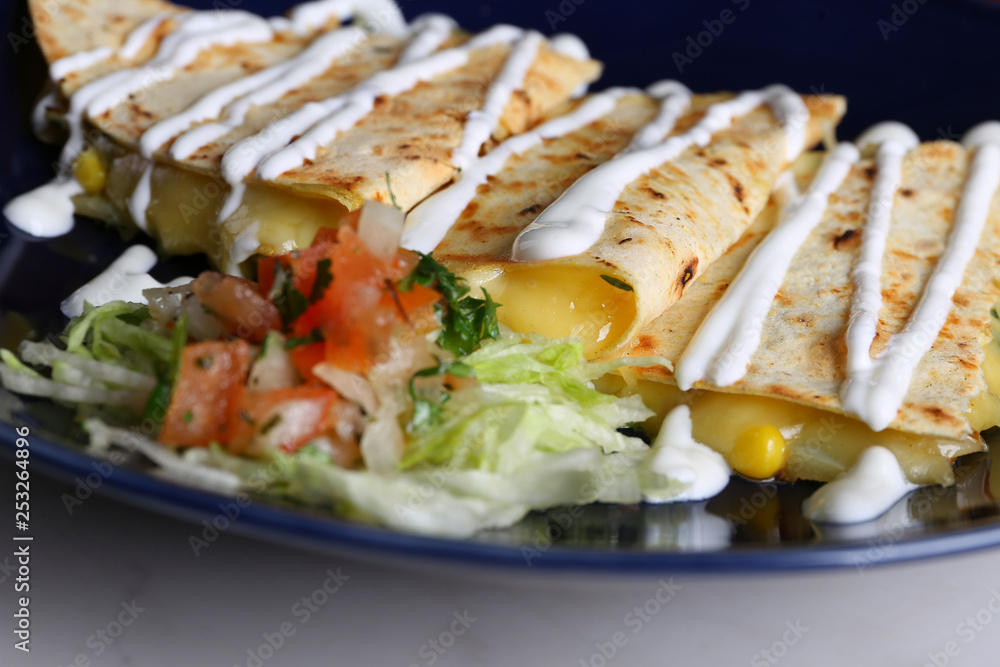 Quesadilla with cheese,mushroom,onions and salad Quesadilla with cheese,mushroom,onions and salad