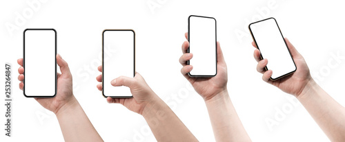 Set of four smartphones, blank screen and isolated on white background. Template, mockup.