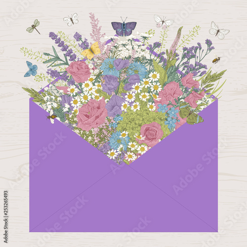 Summer bouquet. Rustic. Meadow and garden flowers. Vector vintage illustration. Violet envelope
