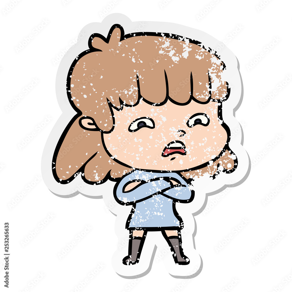 distressed sticker of a cartoon worried woman distressed sticker of a cartoon worried woman