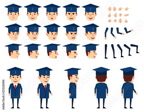 Graduate student creation set. Various gestures, emotions, diverse poses, views. Create your own pose, animation. Flat style vector illustration