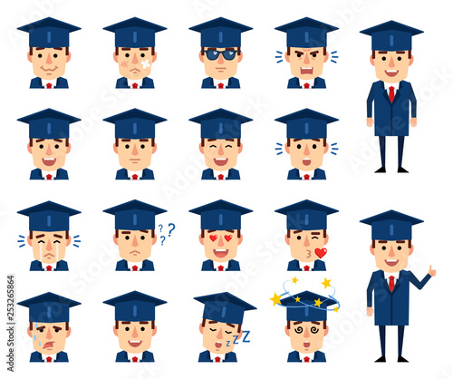 Set of graduate student emoticons showing various facial expressions. Happy, sad, angry, surprised, tired, in love and other emotions. Flat design vector illustration