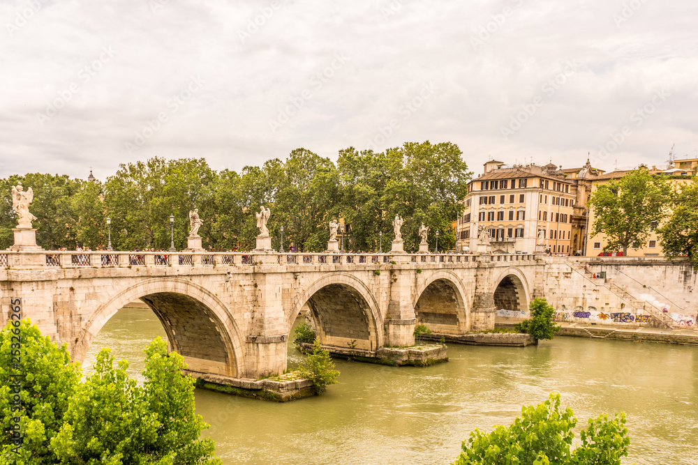 Rome, Italy. View of famous Sant' Angelo Bridge. River Tevere