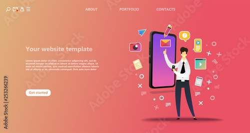Business landing page template. Team work landing page template. Social network landing page template. Use for   template, landing page, ui, ux, web, mobile app, poster, banner, flyer - Vector