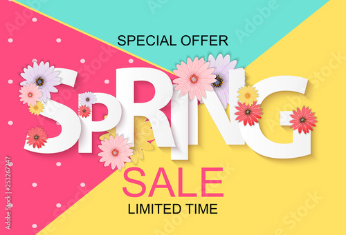 Spring Sale Cute Background with Colorful Flower Elements. Vector Illustration