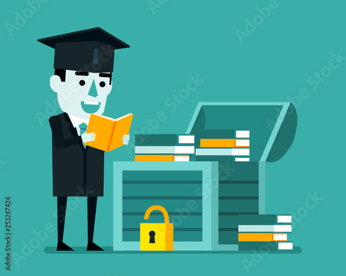 Cheerful graduate student finds treasure chest full of books. Knowledge, education concept. Flat style vector illustration