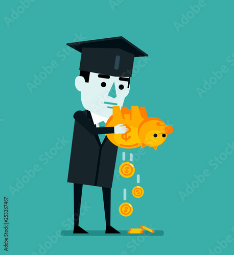 Graduate student takes money from piggy bank. Payment for education. Flat style vector illustration