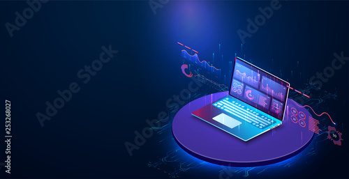 Application of laptop with business graph and analytics data on isometric laptop . Analysis trends and financial strategy by using infographic chart. Online statistics and data Analytics. Vector 