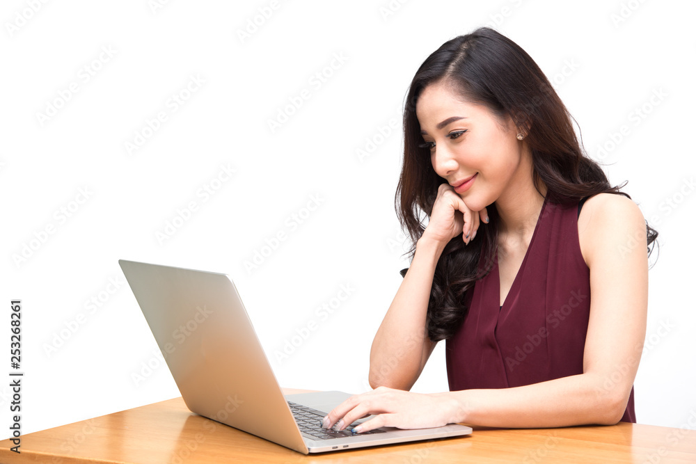 Asian business woman using laptop computer on white background, Young pretty businesswoman with notebook Asian business woman using laptop computer on white background, Young pretty businesswoman with notebook