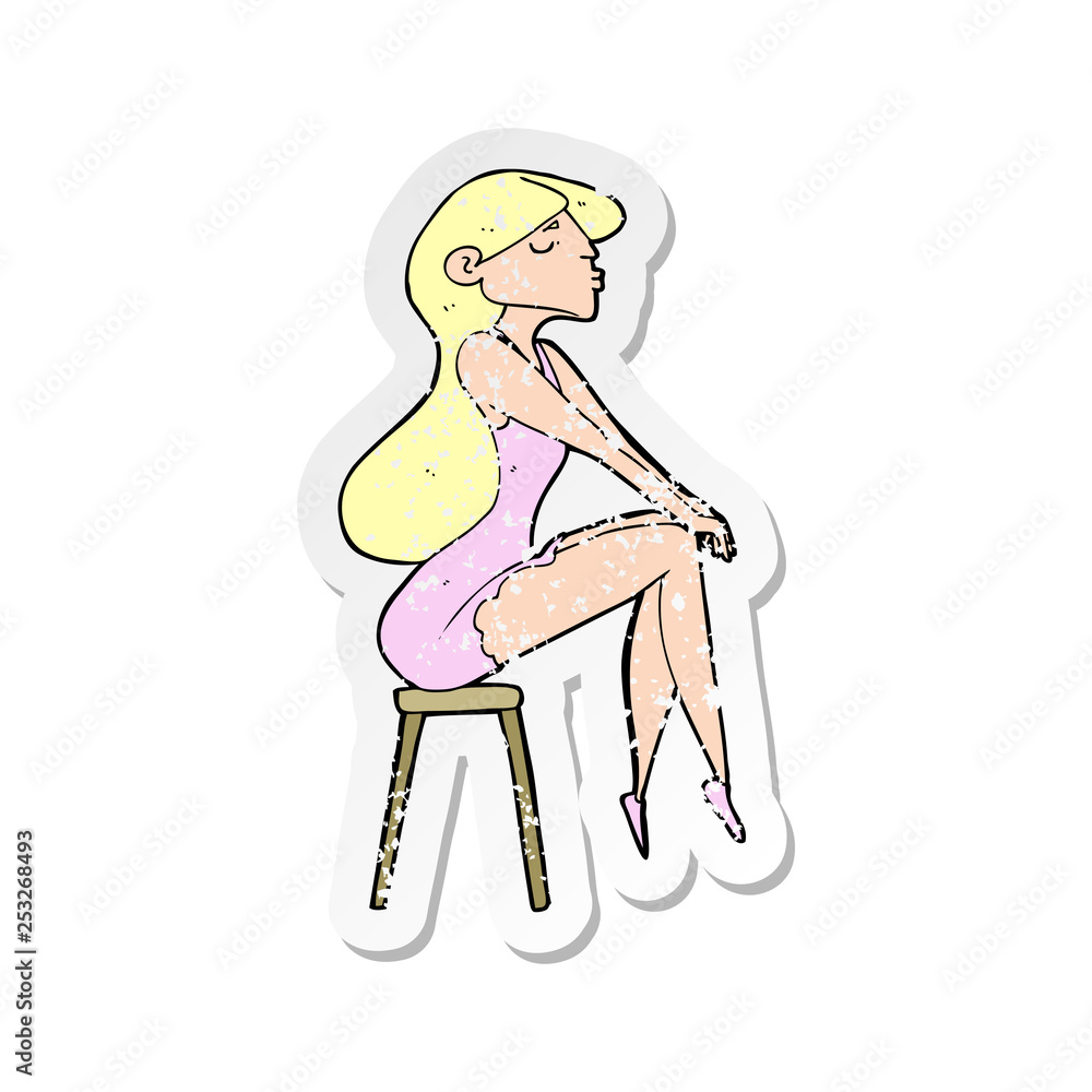 retro distressed sticker of a cartoon woman sitting on stool