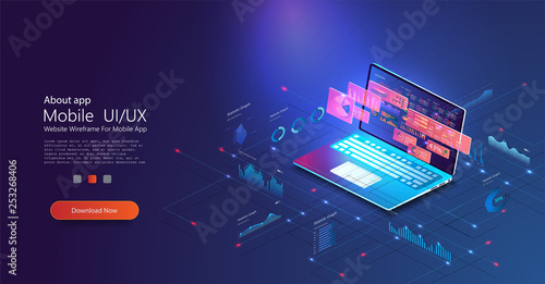 Application of laptop with business graph and analytics data on isometric laptop . Analysis trends and financial strategy by using infographic chart. Online statistics and data Analytics. Vector