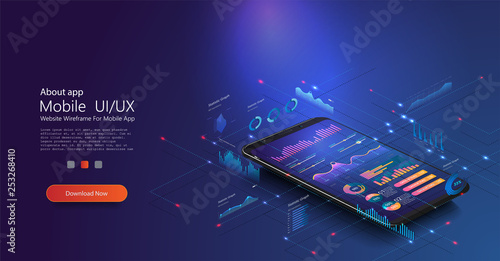 Online statistics and data Analytics  .Digital money market, investment, finance and trading. Perfect for web design, banner and presentation. Isometric vector illustration