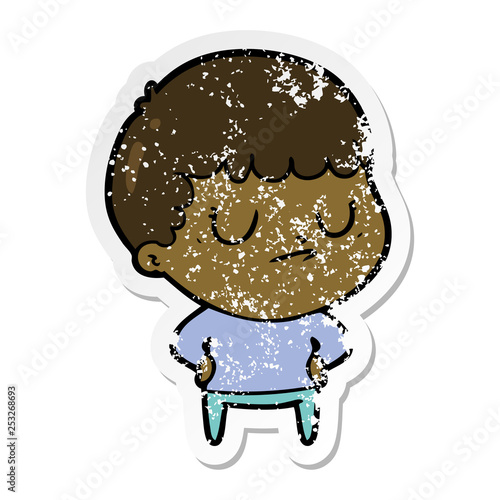 distressed sticker of a cartoon grumpy boy