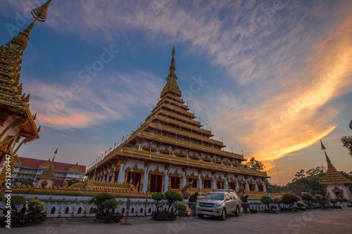 Phra Mahathat Kaen Nakhon, or Wat Nong Wang, is a royal temple with beautiful sculptures of 9-storey relics, a landmark Buddhist site in Khon Kaen Province, Thailand
