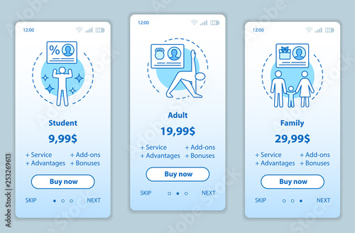 Subscription prices onboarding mobile app screens vector templates