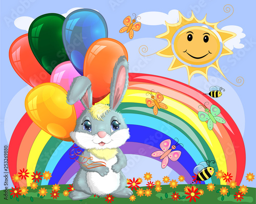 Cute cartoon bunny with an armful of balls on a glade near the rainbow. Spring, postcard