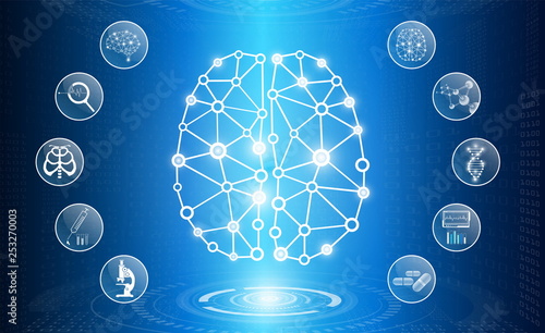 abstract background technology concept in blue light,brain and human body heal ,technology modern medical science in future and global international medical with tests analysis clone DNA human