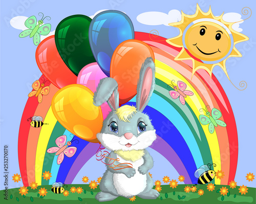 Cute cartoon bunny with an armful of balls on a glade near the rainbow. Spring, postcard