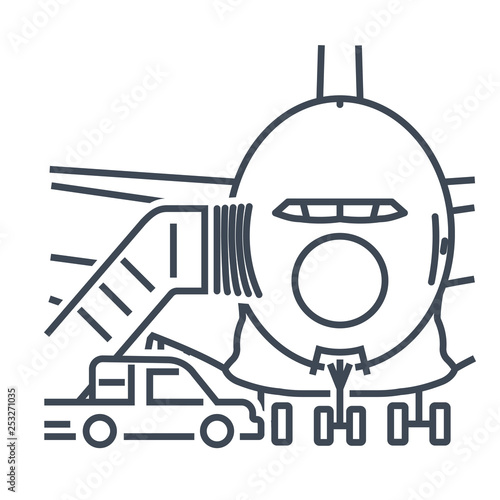 thin line icon passenger airplane, ladder to the entrance