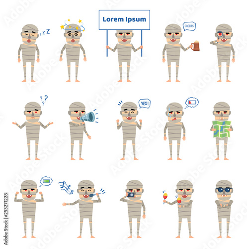 Fototapeta Naklejka Na Ścianę i Meble -  Set of halloween mummy characters showing various actions. Funny mummy holding signboard, map, loudspeaker, singing, sleeping and showing other actions. Flat style vector illustration