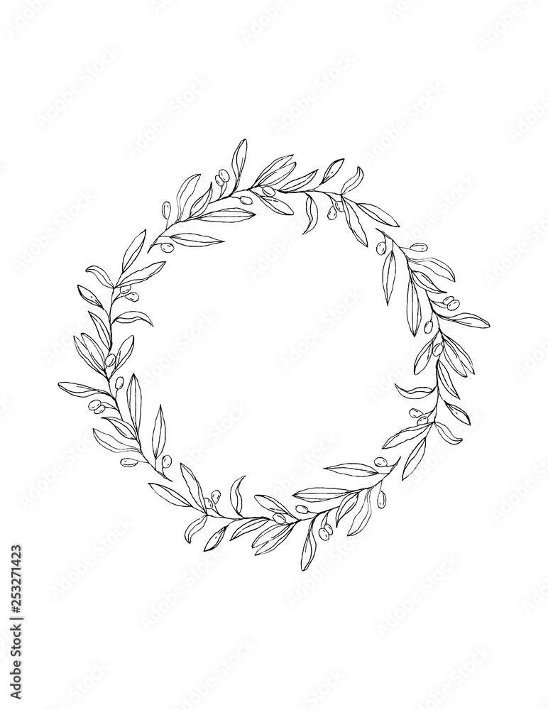 Delicate Hand Drawn Olive Twigs Isolated on a White Background. Vector Black Branch Frame of Round Shape.Retro Style Delicate Black Sketched Floral Wreath.Illustration Without Text.Lovely Wedding Art.