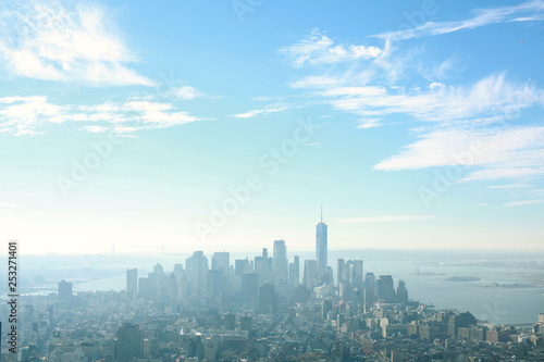 new york city skyline aerial view in a foggy day