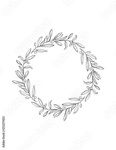 Delicate Hand Drawn Olive Twigs Isolated on a White Background. Vector Black Branch Frame of Round Shape.Retro Style Delicate Black Sketched Floral Wreath.Illustration Without Text.Lovely Wedding Art.