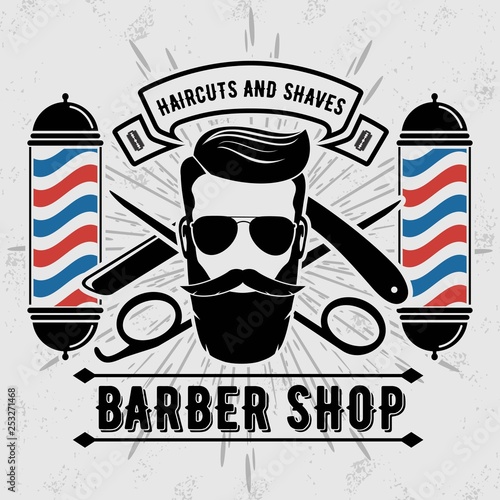 Barbershop Logo with barber pole in vintage style. Vector template