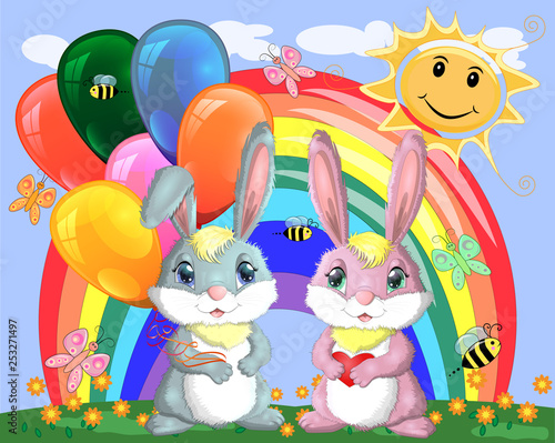 Cute cartoon bunny with an armful of balls and a bunny girlfriend in a meadow near the rainbow. Spring  postcard