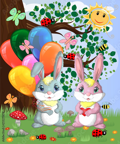 Two cute bunny with balls in a forest glade. Boy and girl  concept spring  love