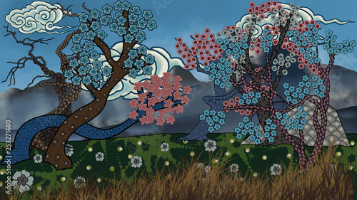 tree with flowers and birds