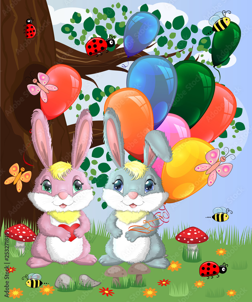 Naklejka premium Two cute bunny with balls in a forest glade. Boy and girl, concept spring, love