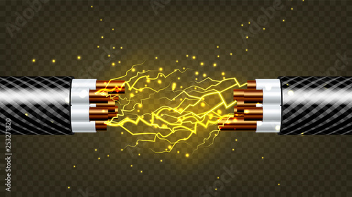 Electric Break Cable Vector. Electrician Rubber Cord. Copper Wire. Circuit Sparks. 3D Realistic Isolated Illustration