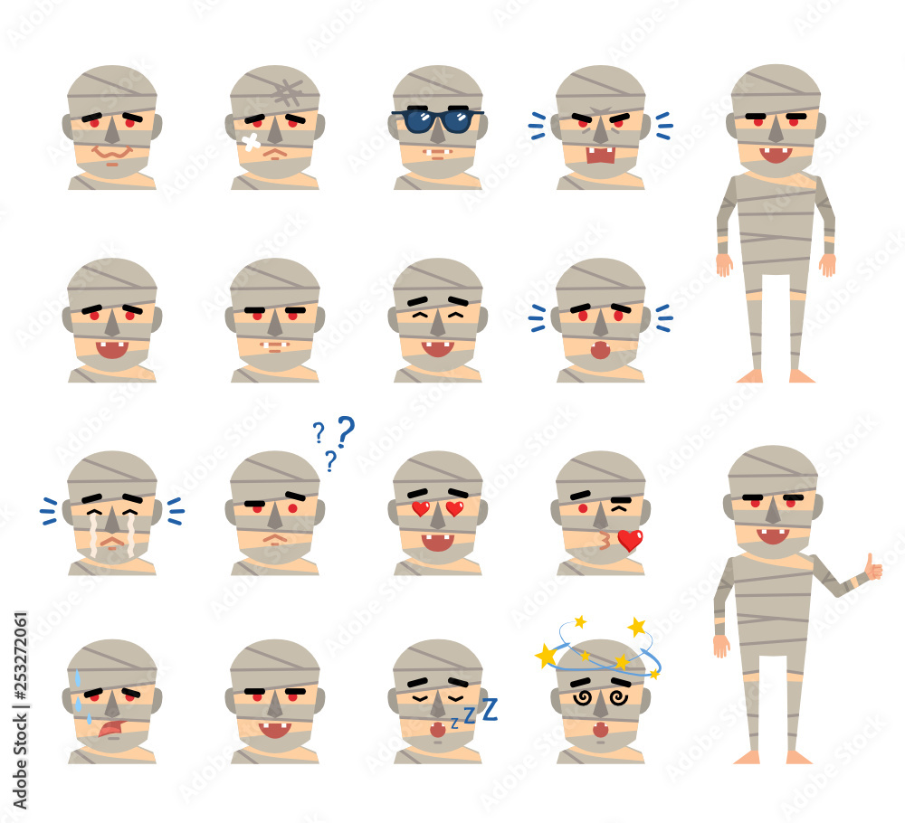 Set of halloween mummy emoticons showing various facial expressions. Happy, sad, angry, dazed, in love, tired, thinking and showing other emotions. Flat style vector illustration Set of halloween mummy emoticons showing various facial expressions. Happy, sad, angry, dazed, in love, tired, thinking and showing other emotions. Flat style vector illustration