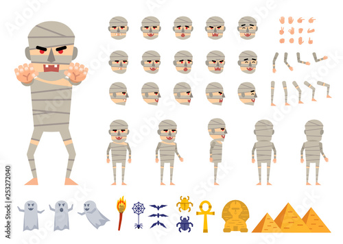 Ancient mummy creation kit. Create your own pose, action, animation. Various gestures, emotions, design elements. Flat design vector illustration