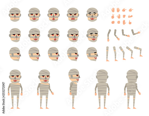 Halloween mummy character creation set. Various gestures, emotions, diverse poses, views. Create your own pose, animation. Flat style vector illustration
