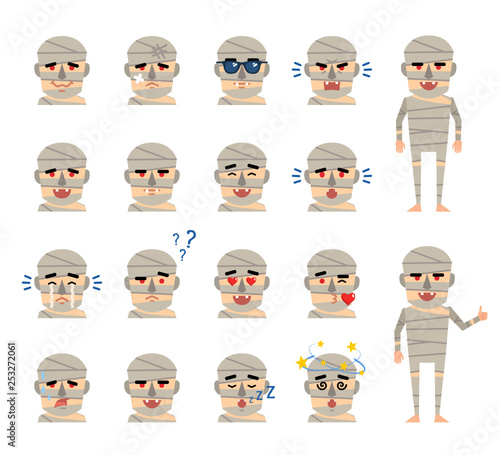 Set of halloween mummy emoticons showing various facial expressions. Happy, sad, angry, dazed, in love, tired, thinking and showing other emotions. Flat style vector illustration