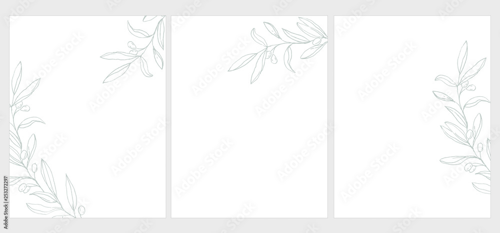 Set of 3 Green Olive Twigs Vector Illustration. Light Green Olive Branches Isolated on a White Background. Simple Elegant Wedding Cards. Floral Hand Drawn Arts. Illustration Without Text. Set of 3 Green Olive Twigs Vector Illustration. Light Green Olive Branches Isolated on a White Background. Simple Elegant Wedding Cards. Floral Hand Drawn Arts. Illustration Without Text.